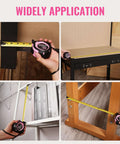 Collage showing pink 25 Foot Tape Measure With Fractions, Retractable Steel Blade, Magnetic Hook, Three Brake System in use