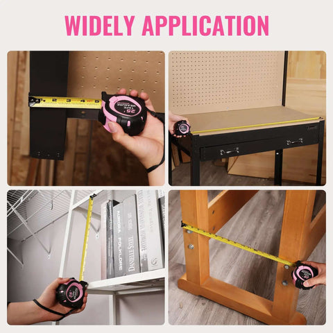 Collage showing pink 25 Foot Tape Measure With Fractions, Retractable Steel Blade, Magnetic Hook, Three Brake System in use