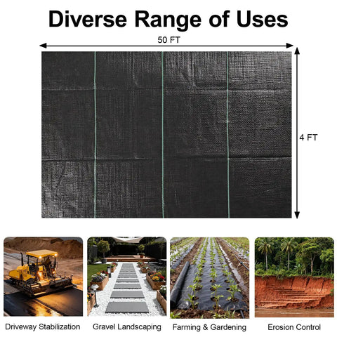 Heavy Duty Weed Barrier Landscape Fabric 4 Ft by 100 Ft 3.2 Oz Woven Geotextile Mat shown with diverse usage examples
