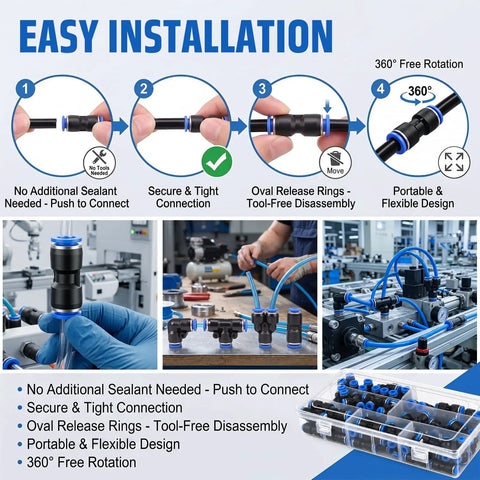 70 Piece Quick Connect Air Hose Fitting Assortment Set Includes Straight Elbow Tee Splitter And Reducer Push To Connect Pneumatic Plastic Air Line Connector Kit Perfect Tool For Machinery And Automotive Gear, black plastic fittings in storage case