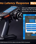 Eight Channel Two Point Four Gigahertz RC Transmitter with touchscreen displaying settings, R8FG and R4FGM Gyro Receivers visible