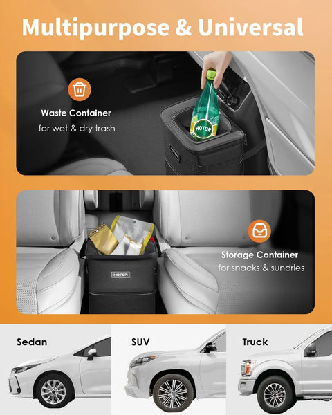 Collapsible Car Trash Bag With Adjustable Headrest Strap, Leakproof Two Gallon Vehicle Organizer, in use for waste and storage.