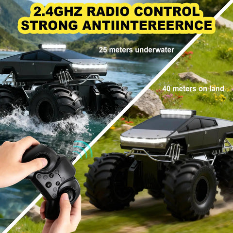Amphibious 1 to 18 Scale RC Car Beasts All Terrain 4WD Off Road Pickup Waterproof with remote control and all-terrain features.