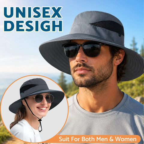 Wide Brim Bucket Hat With UPF 50 Plus Sun Protection, Breathable Mesh Vent, Great For Men And Women shown outdoors, dark gray