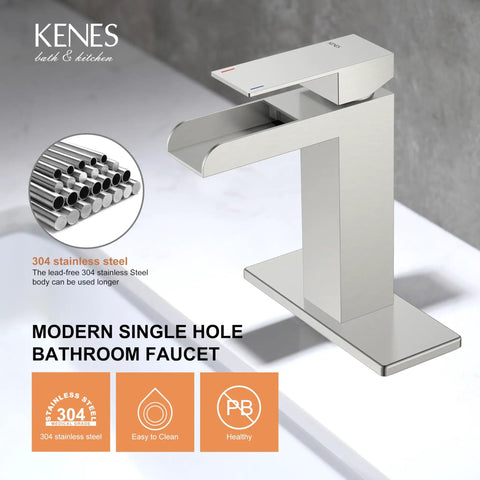 Waterfall Style Bathroom Sink Faucet With Brushed Nickel Finish, Single Handle Control, image on white background
