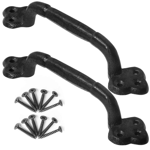Rustic Gate Handle 9 Inch Cast Iron Barn Door Handle Heavy Duty Metal Fence Gate Pull For Garage Black 2 Pack with screws
