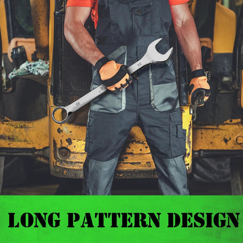 Man holding 32mm wrench from All Purpose Wrench Set With Rolling Pouch Metric And Standard Sizes 23mm 24mm 26mm 27mm 30mm 32mm Heat Treated CR-V Steel