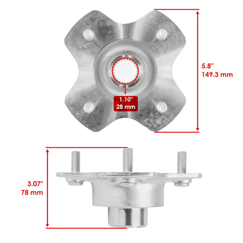 Heavy Duty Rear Axle Shaft And Left Right Wheel Hub Kit For Honda Rancher 420 top and side view with dimensions displayed