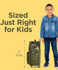 Smiling boy next to Kids Rolling Luggage With Wheels, Toddler Carry On Suitcase For Travel, camo pattern, size comparison with 18-inch height