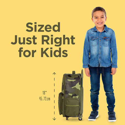 Smiling boy next to Kids Rolling Luggage With Wheels, Toddler Carry On Suitcase For Travel, camo pattern, size comparison with 18-inch height
