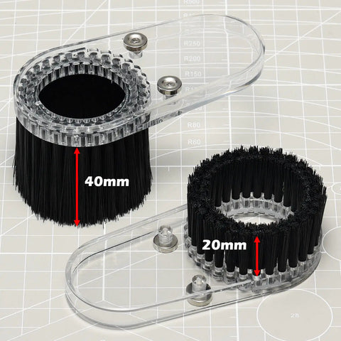 Dust Shoe For CNC Router 52mm Spindle Motors Clear ABS Shield showing 40mm and 20mm brush attachments on mat