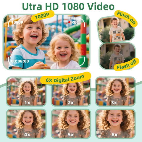 Kids Instant Print Camera 1080P HD With Three Print Rolls And 32GB Card Portable Travel Toy For Ages 3 To 16 Built In Modes For Black And White And Color Prints Totally Fun Christmas And Birthday Gift showing 1080P video, flash, and 6x zoom demo