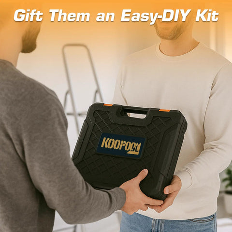 Two people exchanging a 160 Piece Home And Car Tool Set With Tool Box Your Go To DIY Hand Tool Kit For Everyday Home Repairs And Car Fixes Built Tough For Men Ready For Any Quick Fix From The Garage To The Apartment.
