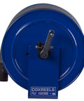 Front view of V-117H-850 Vacuum Direct Crank Rewind Hose Reel with Fifty Foot Two Inch Hose, blue steel construction, USA made.