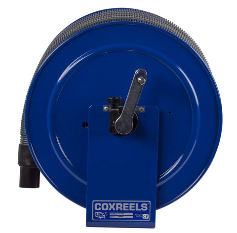 Front view of V-117H-850 Vacuum Direct Crank Rewind Hose Reel with Fifty Foot Two Inch Hose, blue steel construction, USA made.