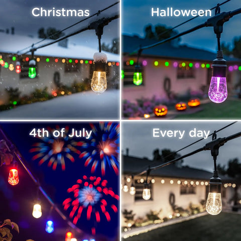 Vintage Outdoor String Lights 24ft With 12 RGB Acrylic Bulbs, Weatherproof, RF Remote, Color Changing Cafe Ambience for all holidays