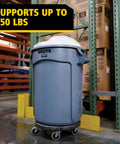 Dolly For Heavy Duty 20 To 55 Gallon Waste Cans With Easy Mobility And Secure Twist Lock Supports Up To 250 Pounds Ideal For Restaurants Back Of House Warehouses Offices Airports showing usage in warehouse