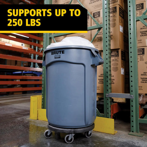Dolly For Heavy Duty 20 To 55 Gallon Waste Cans With Easy Mobility And Secure Twist Lock Supports Up To 250 Pounds Ideal For Restaurants Back Of House Warehouses Offices Airports showing usage in warehouse
