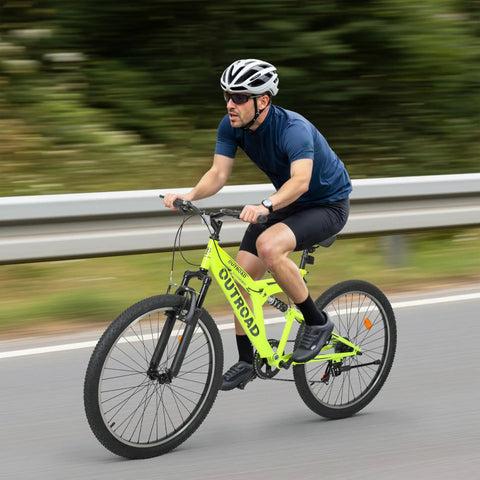 Cyclist riding 26 Inch Mountain Bike For Men And Women Of All Ages With 7 Speed Drivetrain, Aviation Grade High Carbon Steel Frame, Green