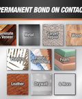 Hella Strong Contact Cement For Wood And Metal Projects Heavy Duty Adhesive For Laminates And Veneers Interior Exterior Bonding Solution That Bonds Like Crazy In A Convenient Three Ounce Tub shown on various surfaces like wood, metal, and fabric.