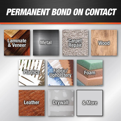Hella Strong Contact Cement For Wood And Metal Projects Heavy Duty Adhesive For Laminates And Veneers Interior Exterior Bonding Solution That Bonds Like Crazy In A Convenient Three Ounce Tub shown on various surfaces like wood, metal, and fabric.