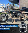 12mm Air Filter Upgrade For 212cc 196cc Engines And Honda GX160 GX200 168F Power Units shown with mini bike and intake pipe