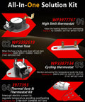 Diagram of All-In-One Solution Kit with WP3977767 high limit thermostat, WP3392519 thermal fuse, WP3387134 cycling thermostat, and 3977393 kit.