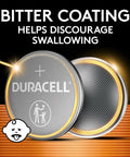 Ready To Roll 2032 Cr2032 Lithium Coin Battery 3V Two Pack with bitter child proof coating, showing Duracell design details.
