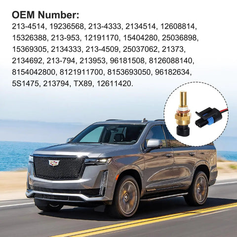 Built Tough Engine Coolant Temperature Sensor With Pigtail Connector For Chevy Silverado Tahoe Suburban And Gmc Sierra Yukon Buick Oem 2134514 Plug And Play Swap with vehicle background.
