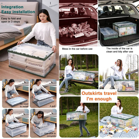 Heavy Duty Collapsible Storage Bins With Lids Super Sturdy Plastic Folding Crate organizer in car and outdoor use.