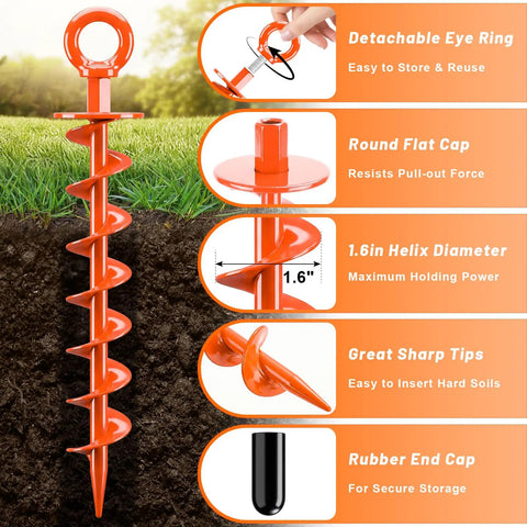 Heavy Duty Screw In Ground Anchors 15 Inch Spiral Earth Anchors 4 Pack with Detachable Eye Ring and Flat Cap