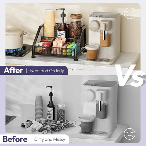 Countertop Coffee Bar Organizer With Tiered Shelves Space Saving K Cup Holder And Pod Storage Before and After Comparison