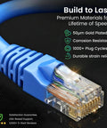 Close-up of blue Cat 6 Ethernet Patch Cable 3 Ft, gold-plated RJ45 connector shows durability and premium materials.