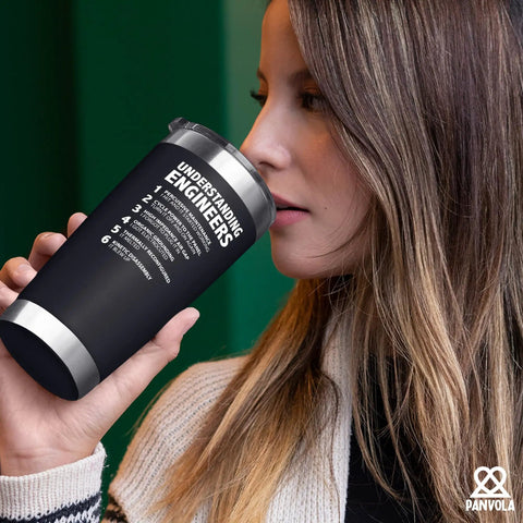 Woman drinking from Understanding Engineers Funny Engineer Gifts 20 Oz Vacuum Insulated Tumbler Black Ideal For Engineering Students