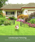 No Dig Black Metal Garden Fence Panels Six Pack Decorative Border installed in a yard with flower beds and a dog playing.