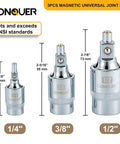 Two Stage Swivel Magnetic Socket Extensions For One Quarter, Three Eighths And One Half Inch Drives With Fixed And Pivot Modes, Replaces Two Tools, Built For Tight Spots And Easy Access In Confined Areas; 3-piece set