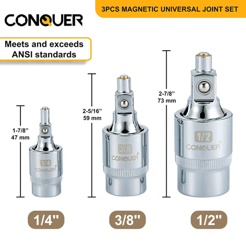 Two Stage Swivel Magnetic Socket Extensions For One Quarter, Three Eighths And One Half Inch Drives With Fixed And Pivot Modes, Replaces Two Tools, Built For Tight Spots And Easy Access In Confined Areas; 3-piece set