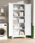Badass Heavy Duty Metal Storage Cabinet With Two Doors And Four Expansive Shelves, Slick White Farmhouse Pantry Organizer For Kitchen, Garage Or Basement Area, filled with towels and storage baskets.