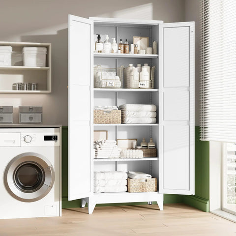 Badass Heavy Duty Metal Storage Cabinet With Two Doors And Four Expansive Shelves, Slick White Farmhouse Pantry Organizer For Kitchen, Garage Or Basement Area, filled with towels and storage baskets.