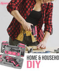 Woman using a pink 35 piece cordless tool kit with 3.6V USB electric screwdriver for DIY home repairs, lightweight and versatile.
