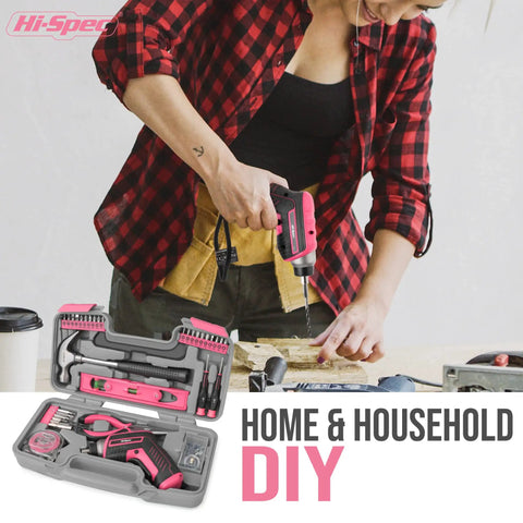 Woman using a pink 35 piece cordless tool kit with 3.6V USB electric screwdriver for DIY home repairs, lightweight and versatile.