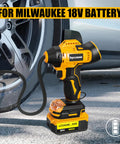 Cordless Tire Inflator With 160 PSI LCD Gauge, Easy On The Go Portable Air Pump in front of car tire, compatible with 18V/20V batteries.