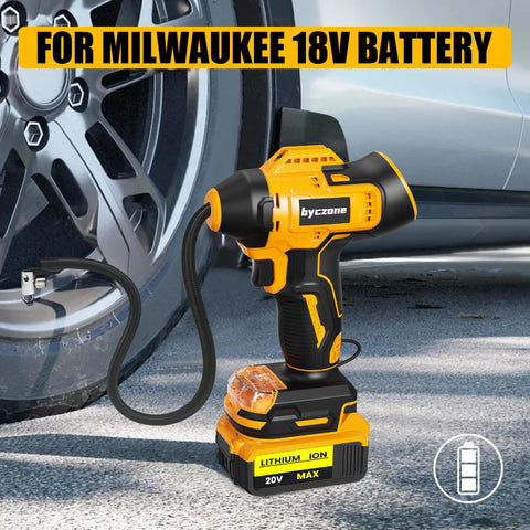 Cordless Tire Inflator With 160 PSI LCD Gauge, Easy On The Go Portable Air Pump in front of car tire, compatible with 18V/20V batteries.