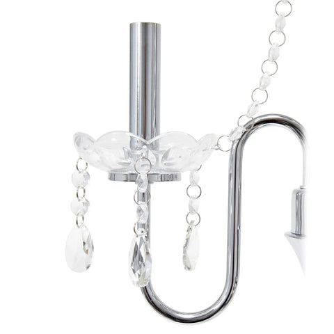 Close-up of chrome finish and crystal draping on Romantic Sheer Shade Hanging Crystals Table Lamp For Cozy Glam Vibe, 31 inch tall.