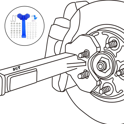 Diagram of Universal Wheel Hub Removal Tool Kit for 5, 6, and 8 Lug Hubs with Nuts and Hooks, illustrating axle extraction process