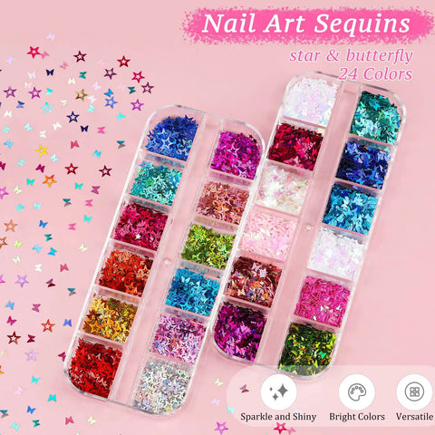 Nail art sequins in star and butterfly shapes, 24 colors, part of the 'Glam Up Your Nails With This All In One Nail Art Kit' collection