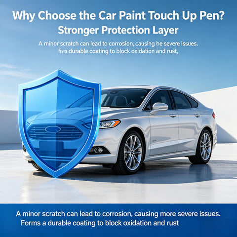 Image of a car with a shield graphic, promoting Ford Oxford White Touch Up Paint Kit For 2-In-1 Scratch Repair Pen.