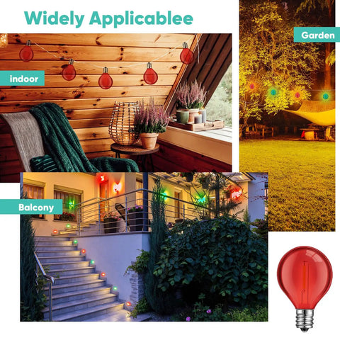 Image showing 100 Pack G40 LED Globe Bulbs 1W Warm White 2700K for C7 and E12 candelabra bases in warm outdoor and indoor setups.