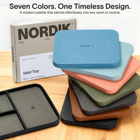 Pebble Black Vegan Leather Valet Tray for Nightstand 9.5 by 7.9 Inch Medium Catchall Organizer with seven color options on display