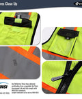 Close-up features of Top Tier High Visibility Reflective Safety Vest Featuring Featherweight Mesh Construction Plus Kickass Fluorescent Panels And Sturdy Reflective Tape To Keep Your Crew Safe On Busy Construction Sites.